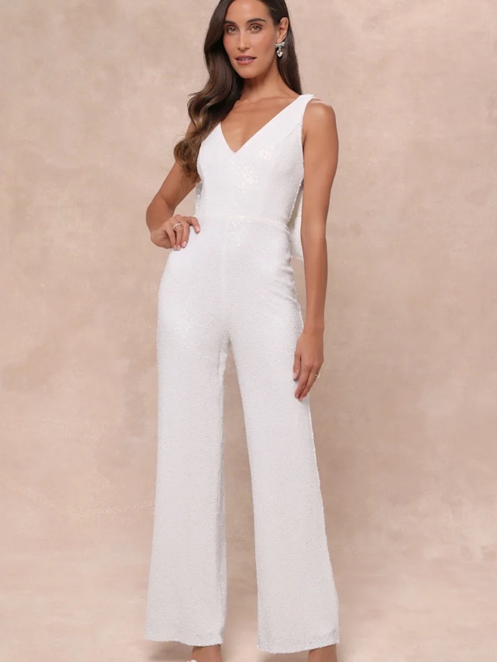 Lulu's White Sequin V-Neck Wide-Leg Jumpsuit